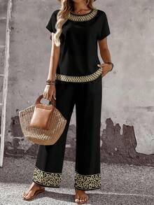 Rusticease 2pcs/Set Women Casual Geometric Retro Print Loose Fit Crew Neck Top And Pants, Versatile Outfit For Spring/Autumn - Multicolor - View 8