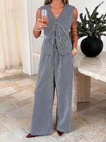 DAZY Spring/Summer Elegant Striped Sleeveless Jacket And Straight Leg Pants Set, Casual Commuting Outfit, Old Money Style For Women - Black - View 3
