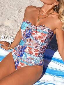 Swim Vcay Casual Vacation Retro Cashew Flower Ruched Waist Vacation Style Printed Tankini Swimsuit 2 Pieces Set - Multicolor - View 6