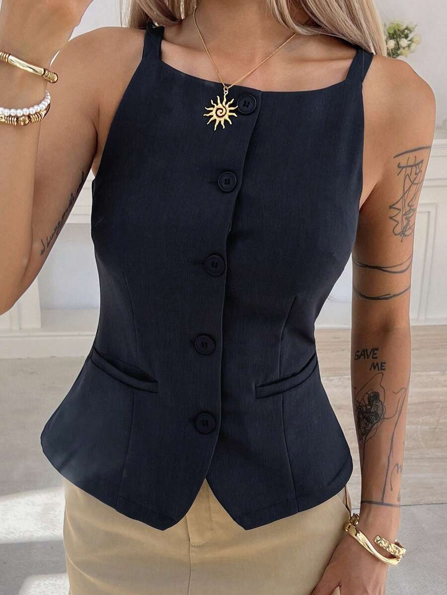 Livesso Fitted Solid Color Front Slit Casual Tank Top For Women - Navy Blue - View 1