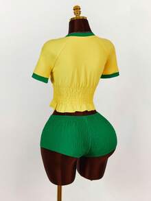 Amplova 2pcs/Set Women's Crop Top And Skinny Shorts, Waist Cinched T-Shirt With Super Low-Rise Y2K Vintage Shorts, Suitable For Sports And Casual Wear, Brazilian Pattern Women's Shorts Sets Y2k Women Two Pieces Outfits Two Pieces Set Women Short Sleeve Football Outfit Women Jamaica Outfits Set Summer - Multicolor - View 9
