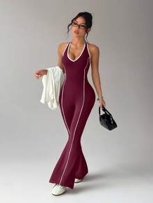 Dewbera 撞色滚边露背吊带连体裤 - 酒紅色 - 查看 8