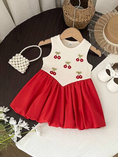 1pc Baby Girls' Comfortable & Fashionable Regular Thickness Round Neck Soft Knit Colorblock Front Panel Cute Cherry Decor Retro Ballet Leotard Dress, All-Match Silhouette, Stylish & Sweet, Versatile For Summer, Home, Outings, Travel, School, Holidays, Daily Wear