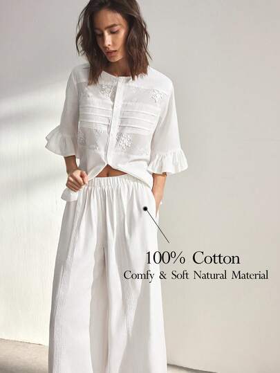 Ocili 100% Cotton Bohemian Patchwork Comfortable Simple Lace Trim Chic Autumn Sleepwear Women Home Suit