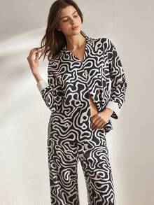 Ocili Comfortable Geometric Mountain Texture Pattern Loose Long Sleeve & Pants Women Pajama Set, Natural & - Multicolor - View 6