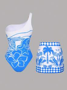Swim Oasis 蓝白花卉印花连体泳衣，饰有金属叶片和蝴蝶结，休闲度假女装 - 藍白色 - 查看 2