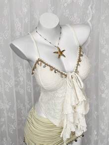 Sweetra Plus Size Bohemian Style Beaded Shell Decor Lace Asymmetrical Hem Camisole - Apricot - View 1