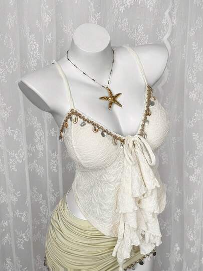 Sweetra 大码波西米亚风串珠贝壳装饰蕾丝不对称下摆吊带衫