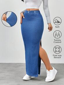 Flexra Women's Casual Fashion Street Chic Overlap Waist Split Thigh Denim Skirt - Blue - View 1