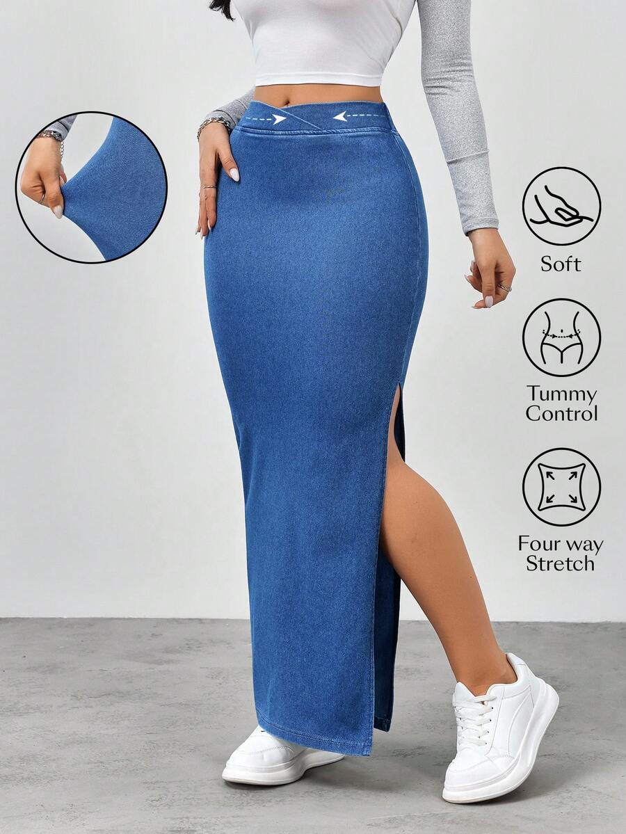 Flexra Women's Casual Fashion Street Chic Overlap Waist Split Thigh Denim Skirt - Blue - View 1