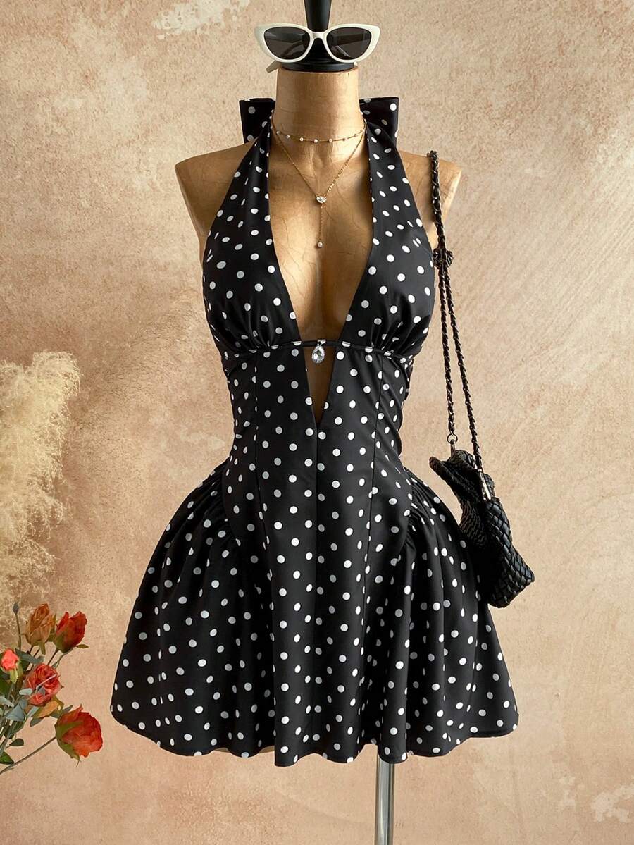Soleia 女士波点V领镂空腰A字迷你连衣裙，适合派对、圣诞节、约会、夜店、波西米亚风、度假、秋季等场合。 - 黑與白 - 查看 1