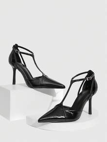 CUCCOO SZL Scarpin Feminino de Bico Fino em Cetim com Decoração de Strass, Elegante e Sofisticado para Casamento - PU preto - Visão 2
