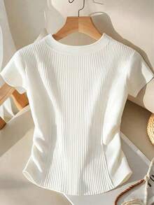 SHEIN Franclia 女士休闲日常通勤简约纯色V领T恤，夏季罗纹针织上衣白色纽扣短袖针织衫，女士夏季休闲短袖衬衫罗纹衬衫可爱白色上衣夏季上衣女士针织上衣短袖开衫夏季白色罗纹针织上衣短袖纽扣上衣女士夏季针织衫 - 白色 - 查看 2