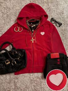 Attitoon 1pc Women Loose Fit Zip-Up Sweatshirt With Heart Embroidery, Drawstring, Casual For Autumn/Winter, Valentine's Day, Red - Red - View 3