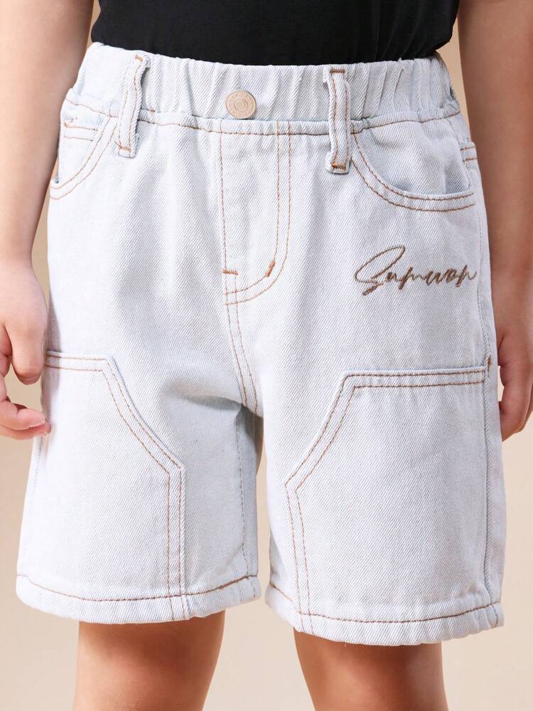 スクリプト刺繍入りブリーチカーペンターデニムショートパンツ