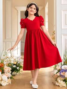 SHEIN Girls' Elegant Pearl Beaded Gigot Sleeve Waist Gathered Flare Hem Princess Dress, Red - Red - View 7