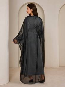 Al Najma 女士优雅撞色网纱宽松阿拉伯风连衣裙，秋季 - 灰色 - 查看 2