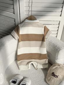 新生男宝宝可爱休闲针织条纹卡通图案短袖连体衣 - 棕色 - 查看 2