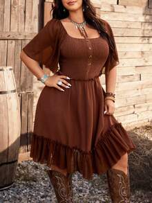 Ceyna Plus Size Square Neck Raglan Sleeve Short Dress,Chocolate Brown Summer Boho Vacation Holiday Casual Loose Fit Decorative Button Western Cowgirl Dress - Rust Brown - View 6