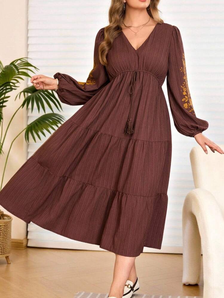 Plus Size Floral Print Lantern Sleeve Casual Vacation Dress Brown Elegant Dress Women Long Sleeve Summer Dress Brown Summer Dress Valentine Outfits For Women Spring Break Outfits Summer Holiday Outfits Carnival Weddings & Events Elegant Dress Women Spring To Summer Elegant Brown Dress