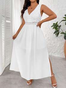 SHEIN CURVE+ Đầm không tay thanh lịch dành cho nữ cỡ lớn, phối ren tương phản, xẻ tà bên hông. - trắng - Xem 5