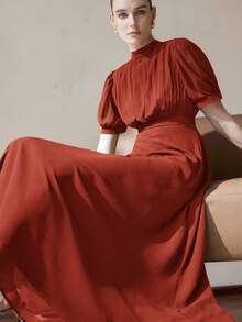 Aveloria Modichic 优雅女士雪纺连衣裙，胸部褶裥设计，公主袖，收腰，A字裙摆，简约百搭，适合通勤，及膝长度 - 鏽棕色 - 查看 6