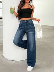 SHEIN Tall Women's Casual Everyday Commute Simple Versatile Solid Color High Waist Loose Wide Leg Jeans - Dusty Blue - View 3