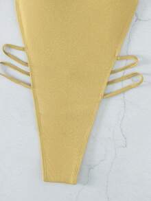 Swim SXY 2件装金属丝纯色性感丁字比基尼，绑带沙滩泳装，热销款 - 金色 - 查看 5