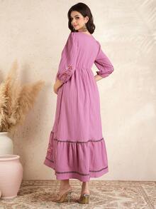 Momance 孕妇花卉刺绣褶皱休闲日常派对外出灯笼袖连衣裙 - 藕粉色 - 查看 2