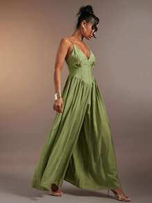 Hauture 女士性感休闲深V领前开衩收腰超宽露背长裙 - 綠色 - 查看 4