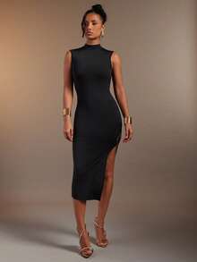 Hauture Black Mock Neck Sleeveless Midi Dress With Gold Trim - Black - View 3