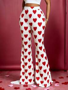 SHEIN PETITE 爱心印花高腰喇叭裤 - 彩色 - 查看 1