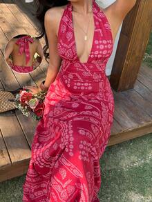 Sunnyshic 女士红色佩斯利腰果花卉露背深V领系带修身复古沙滩裙 - 紅色 - 查看 1