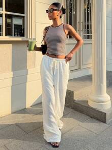 SHEIN EZwear White Woven Drawstring Wide Leg Casual Lounge Pants,Vacation Outfits Women, Beach Outfits For Woman, Rave Outfits, Hawaii Outfits Women Island Vacation Outfits - White - View 4