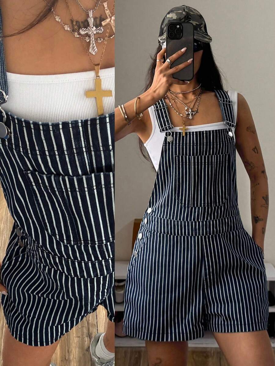 StreetHx Fashionable Casual Street Style Striped Denim Bib Overall Jumpsuit - Medium Wash - View 1