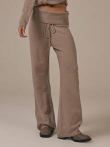 MUSERA Knit Fold Over Waistband Tie Straight Leg Trousers Spring Summer Cute Cosy Cottage Core Spring Dew - Coffee Brown - View 1