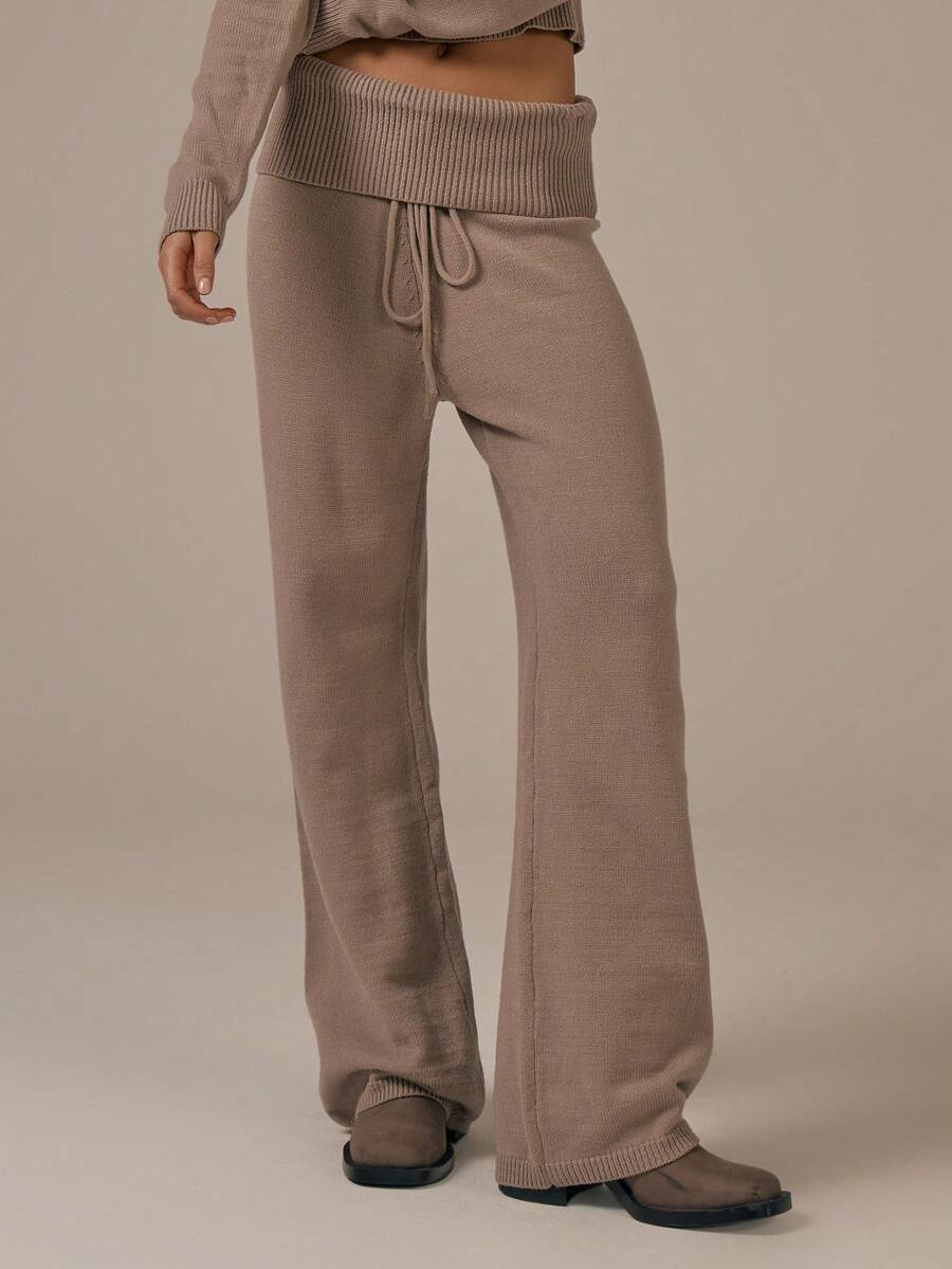 MUSERA Knit Fold Over Waistband Tie Straight Leg Trousers Spring Summer Cute Cosy Cottage Core Spring Dew - Coffee Brown - View 1