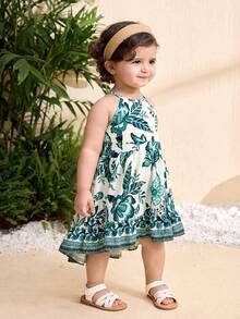 SHEIN Vestido sin espalda con estampado floral para niña, ideal para vacaciones de verano - Multicolor - Ver 3