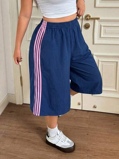 SHEIN EZwear Plus Size Navy Blue Loose Fit Casual Shorts Wide Leg Capri Pants Wide Leg Shorts Long Shorts For Women
