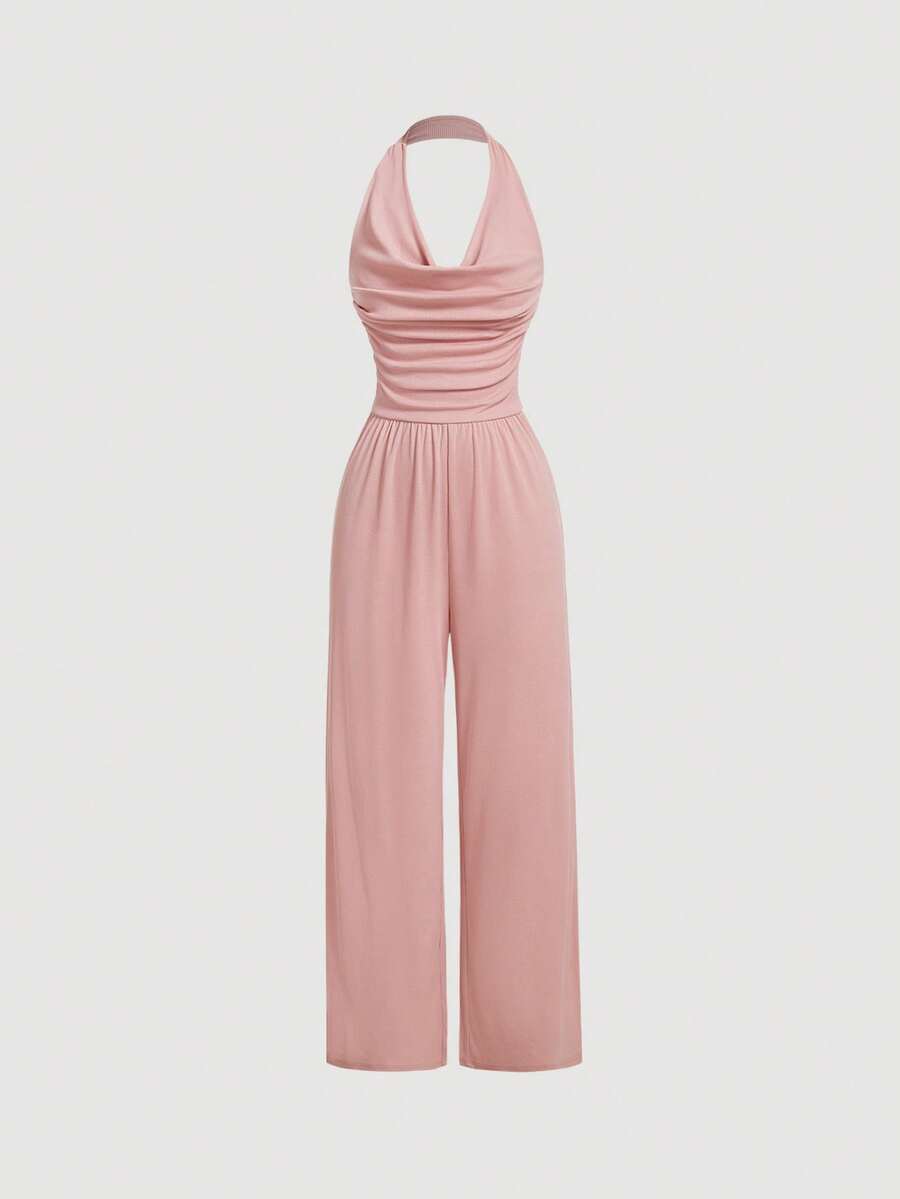 SHEIN MOD Neck Tie Waist Ruched Wide Leg Jumpsuit - Pink - View 1
