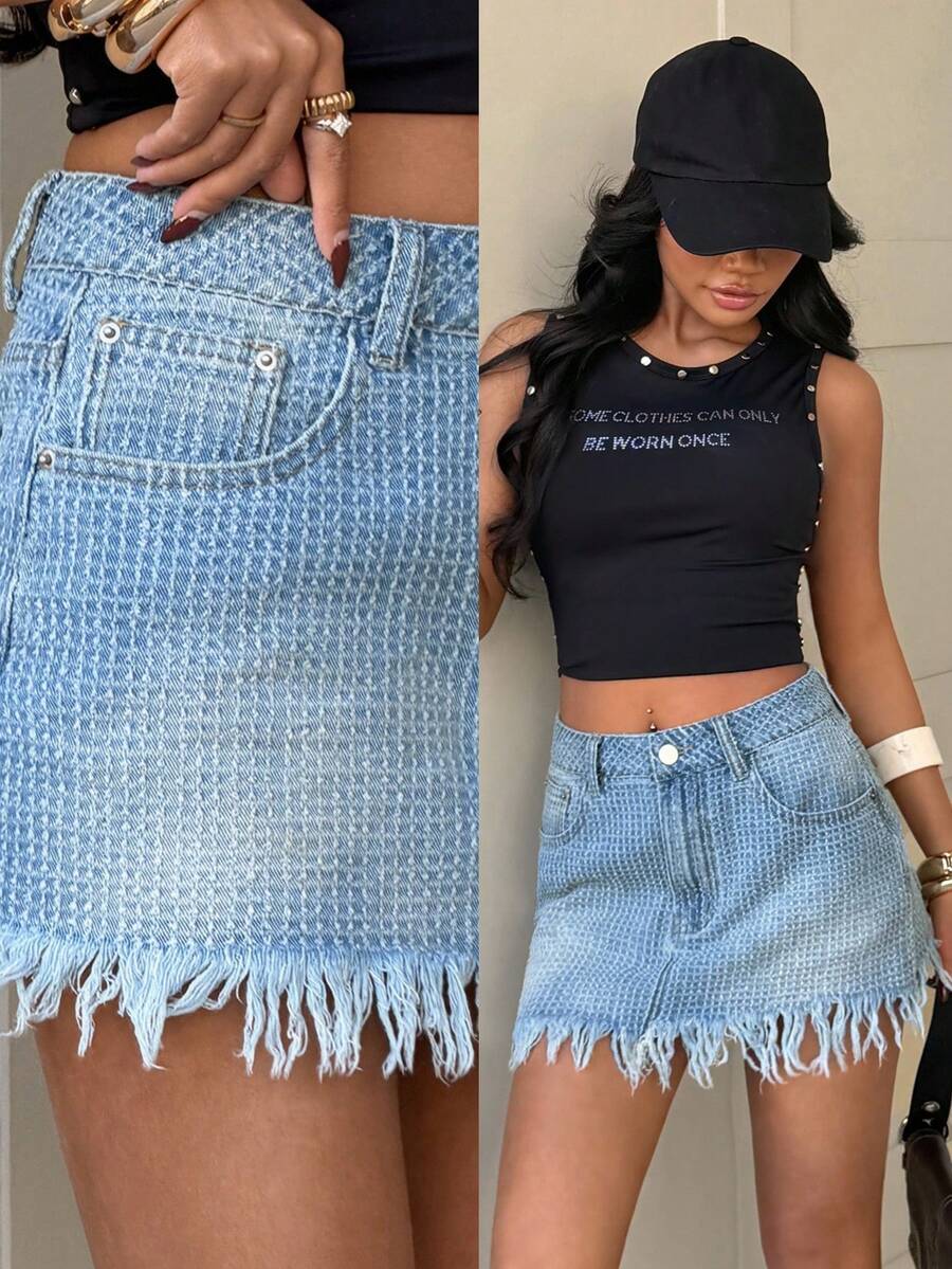 StreetHx Fashionable Casual Retro Street Style Crochet Fringe Low Waist Denim Mini Skirt - Light Wash - View 1