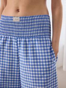 Ocili 女士纯色抽绳腰宽松阔腿睡裤，舒适棉质条纹系带睡衣裤 - 藍白色 - 查看 4