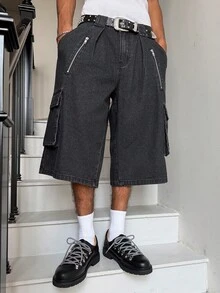 Manfinity EMRG 男士休闲街头风多口袋拉链褶皱黑色牛仔短裤 - 黑色 - 查看 5