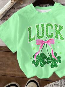 Tween Girls' St. Patrick's Day Bow & Clover T-Shirt,Light Green,Summer,Casual,School Minimalist Round Neck Short Sleeve Tee For Vacation,Festivals - Multicolor - View 5