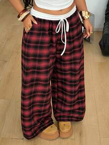 Coolane Summer Outfits Women's Plus Size Carnival  Valentine's Day  Casual Women Outfits Casual Daily Wear Basic Loose Black And Red Color Scheme Plaid Patchwork White Waistband Wide  Leg Pants - Red - View 3