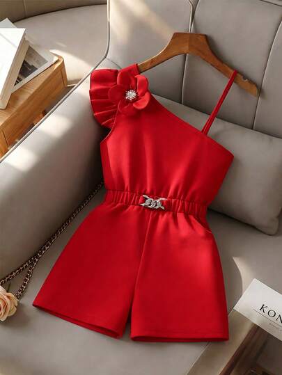 SHEIN New Fashion Oblique Shoulder Strap Cap Sleeve 3D Floral Waist Gold Buckle Decor Girls' Romper, Summer
