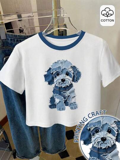 Resyla 复古拼接狗狗印花撞色纯棉T恤，女款圆领短袖休闲日常简约露脐上衣，适合户外穿着，春夏款