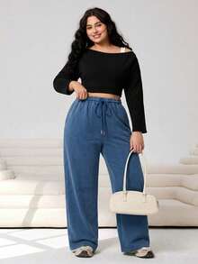 SHEIN EZwear 大码休闲抽绳腰蓝色运动裤 - 藍色 - 查看 5