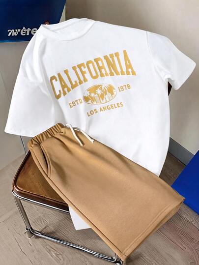 2件套青少年男童加州印花休闲度假图案圆领T恤搭配针织短裤，舒适百搭，春、夏、秋季新款