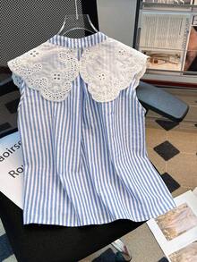 Franclia 法式优雅编织V领无袖花卉装饰条纹女式衬衫 - 彩色 - 查看 2